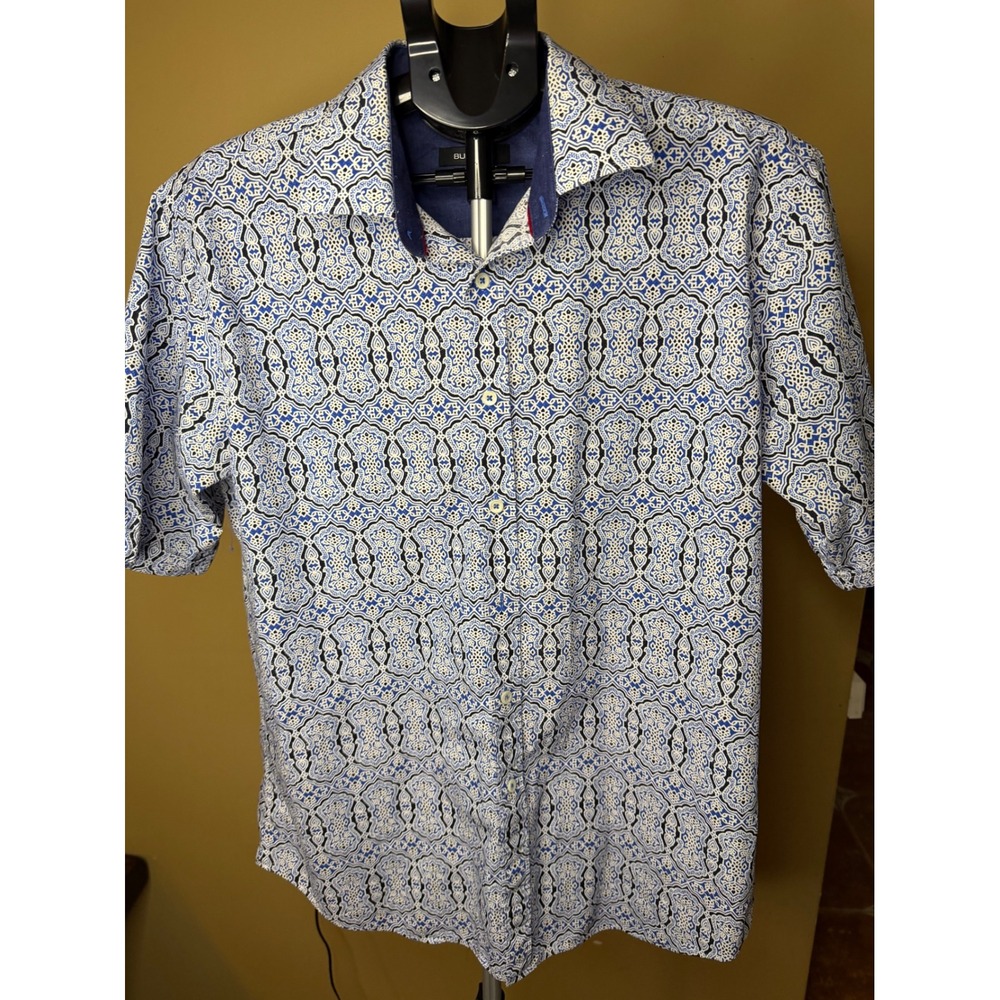 Bugatchi Mens Classic Fit Short Sleeve Button Down Shirt Blue Geometric Tile L